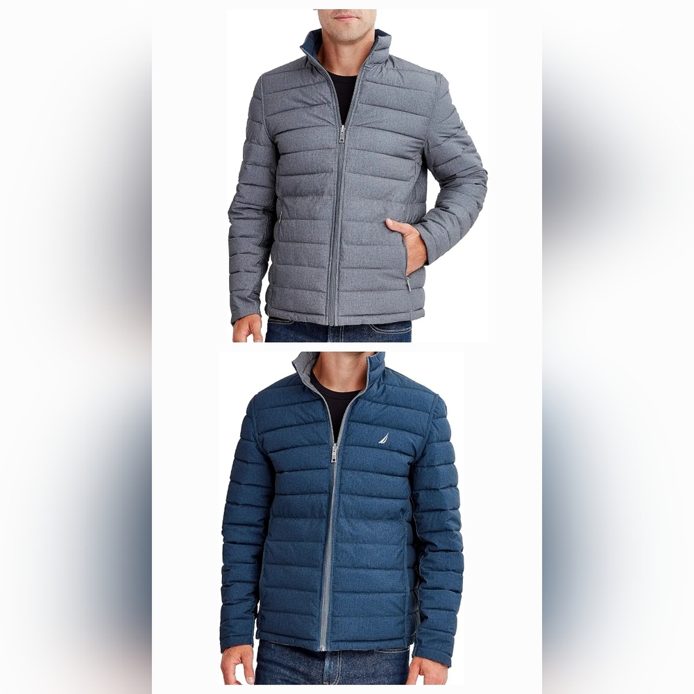 Men's Nautica Reversible Quilted Puffer Jacket Active Stretch Gray Blue Large
